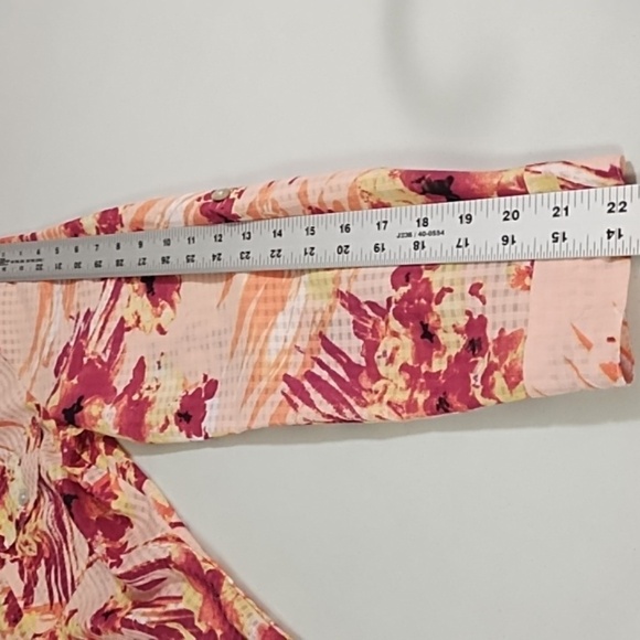 Pink Coral Burgundy Orange Abstract Floral & Check Shirt Roll Tab Sleeve - Picture 8 of 14